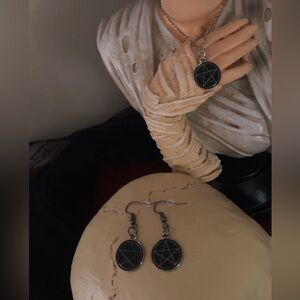 Silver Pentagram Necklace and Earring Set